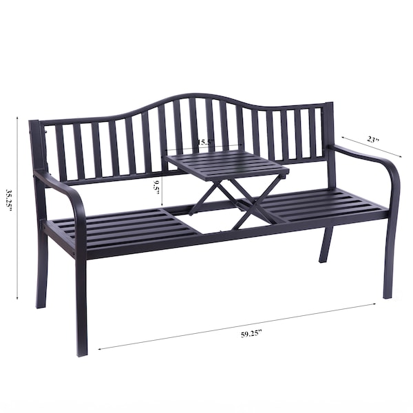 Gardenised Outdoor Powder Coated Steel Park Bench, Garden Bench with Pop Up Middle Table, Lawn Decor Seating Bench for Yard, Patio, Garden, Balcony, and Deck QI003461L - main